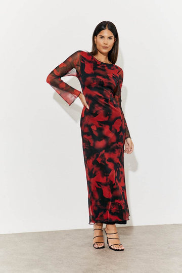 Abstract Print Mesh Open Back Detail Maxi Dress